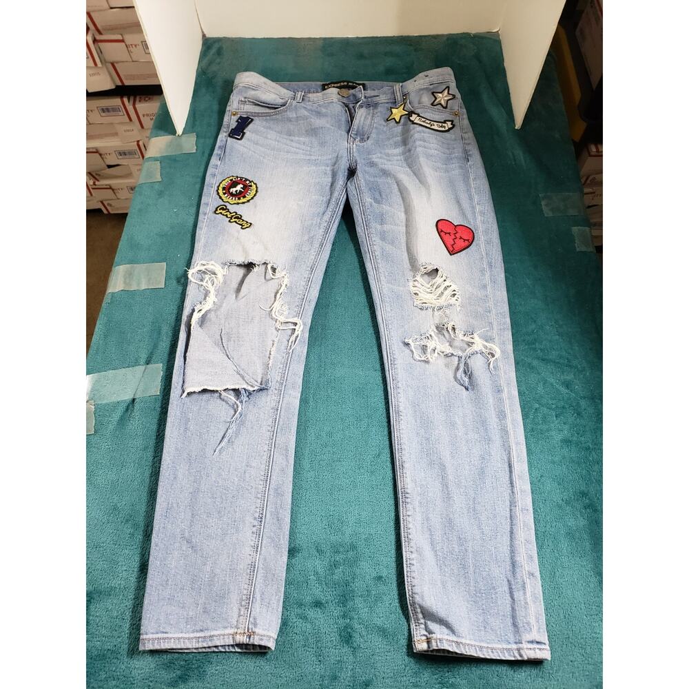 Express Jeans Size 6 Womens Blue Colorful Graphic Patches Ladies Girlfriend